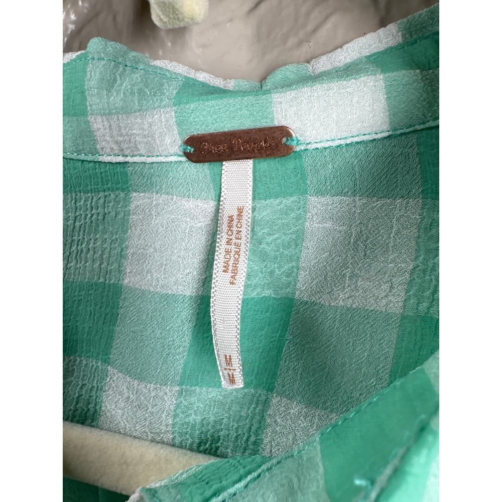 Free People Green‎ Checkered Button Up Long Sleeve Lightweight Top Size Medium - Picture 3 of 6